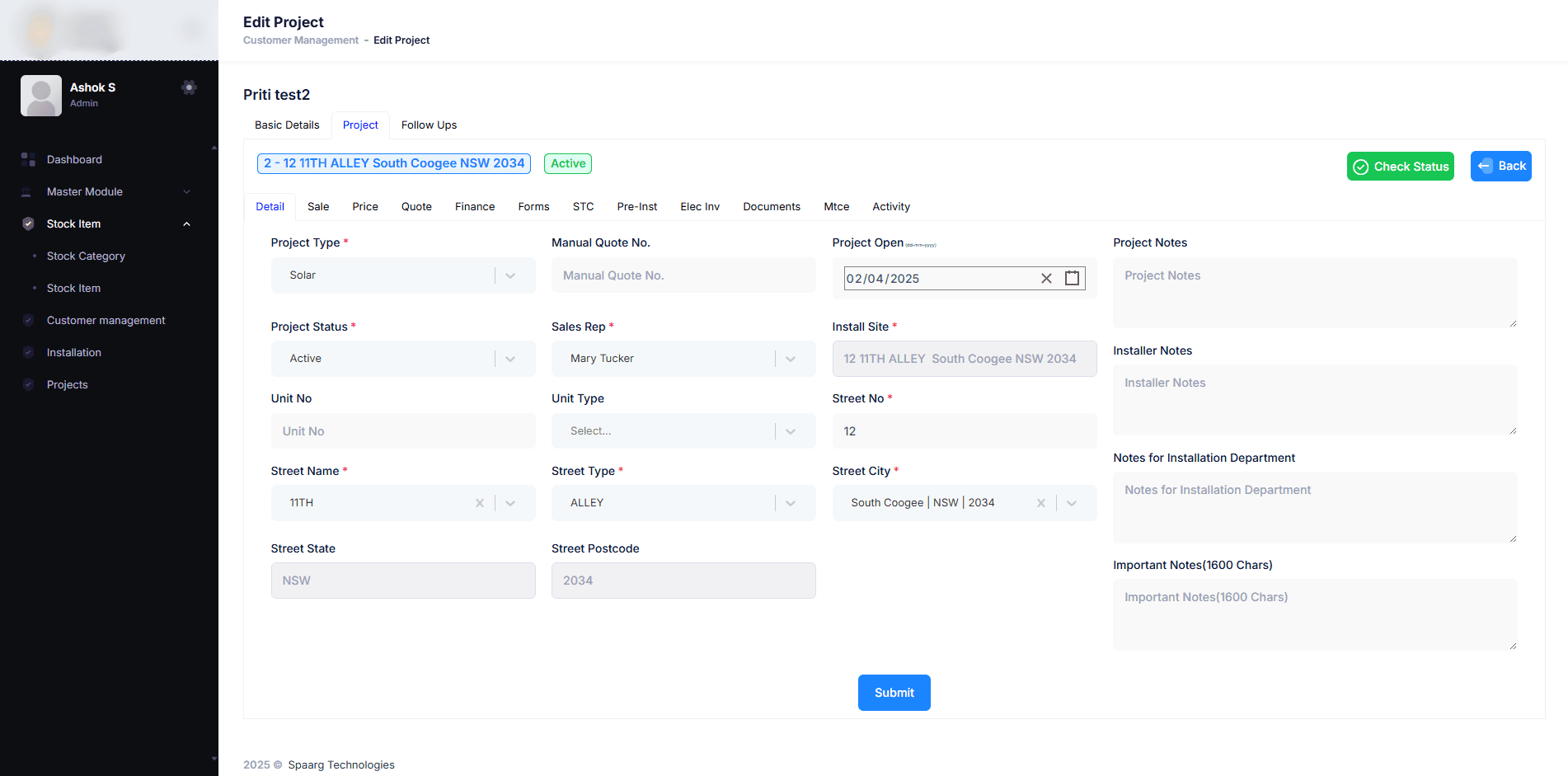 Solar Project Management CRM